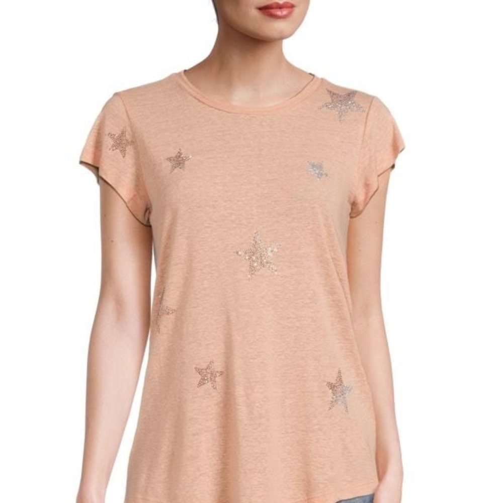 Skinny Embellished Blush Star Linen Blend Top by Zadig and Voltaire